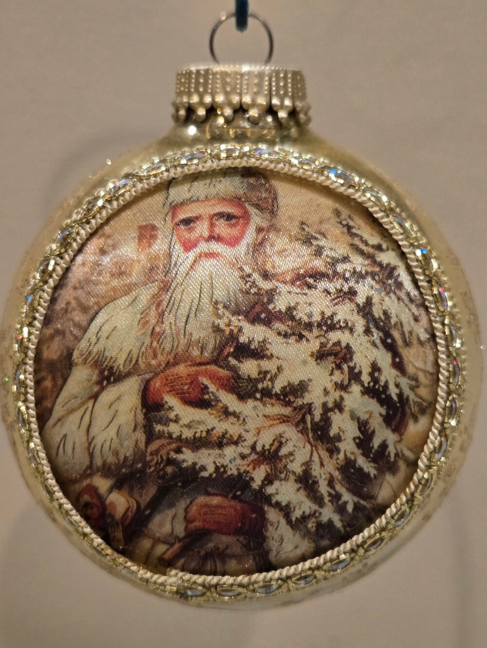 Santas On Silk 1903 St. A. Claus Ornament in Gold and Cream